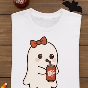 Cute Ghost with Bow Drinking Dr Pepper PNG | Transparent Background | Halloween Clipart | Spooky Season Graphic