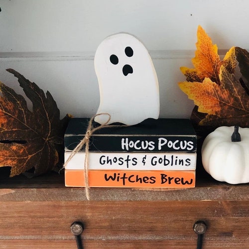 Halloween Tiered Tray Decor, Faux Halloween Mini Book Stack, Wooden Halloween Decorative Beads, Fall Mantle - Bookshelf Decor