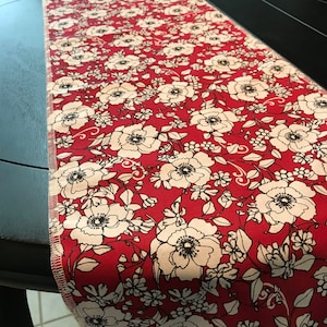 12”x42” table runner.  Red black white rose. End table topper. Bench couch, bar coverlet.  Doily. Home decor. Gift. Wedding orders. Message