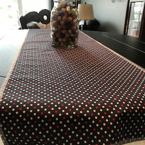 15”x 42” red white blue polka dot runner.  Doily overlay mat. House decor. Home decorations. Bench, couch, end table dresser doily. Thanks
