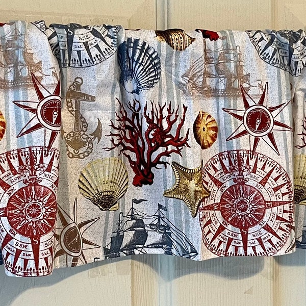 Nautical valance 8” x 42” curtain lake house shells coral anchor compass starfish as pictured flat top or ruffle top home decor gift beach