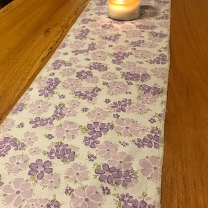 Light purple dark purple green vintage material runner. 10” x 42” lavender. These go nice with a candle gift .  Bar table dresser bench