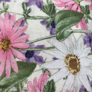 White and purples floral flower runner. 12” x 42” runner. Use on table dresser bench nightstand. Home decorating. Simple one layer edges.