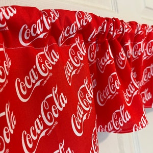 Valance made with Coca-Cola material 8” x 42” curtain flat top as pictured . Kitchen dining resteraunt gift coke new sister mom best deals