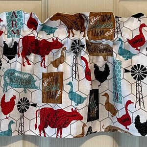 Valance made with waverly family farm material windmills chickens pig rooster curtain 8” x 42” gift country decor so cute dining kitchen