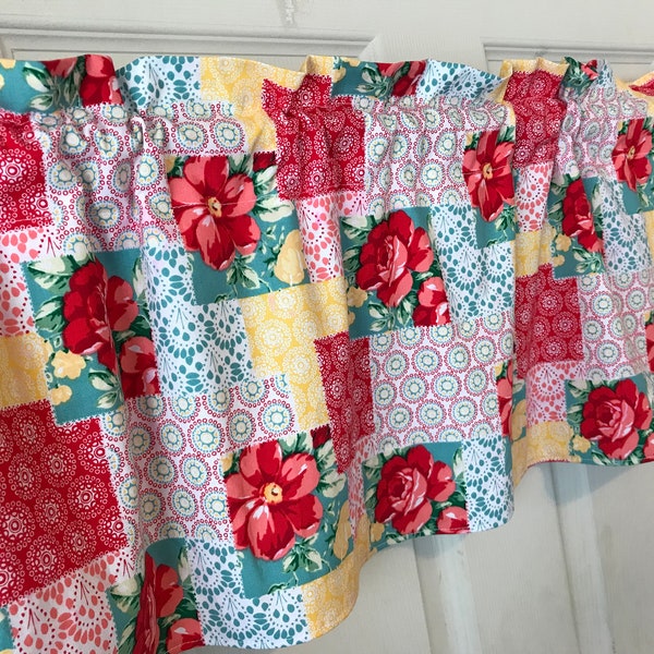 Valance made with pioneer woman patchwork material 12” flat or ruffle kitchen dining gift mom grandma sister so cute Best Buy love Etsy