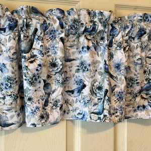 Spring blue birds Etsy valance. 12”x42” curtain. Best Buy. Ruffle or flat. Use in bathroom bedroom dining kitchen.  Table runner to match:)
