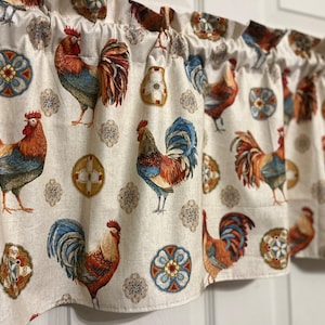 Rooster valance made with David’s textiles rooster medallion material. Teals and creams. 14” x42” valance window decor rooster new gift