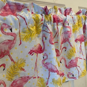 Pink yellow flamingo valance.  Or runner.  12”x 42” new gift idea camper Florida lovers or zoo keepers ? Science teacher. Gift idea . Room