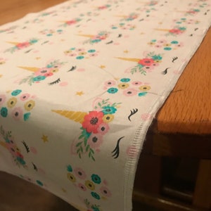 Unicorn runner.  Table dresser bench couch bed topper.  Kids birthday decoration. Camper, house apartment.  Hang or lay flat. Kid toddler