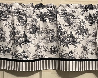 French toile top gray white stripe bottom valance black ribbon divide valance. 14” x 42” curtain special order request for sale x 4 window