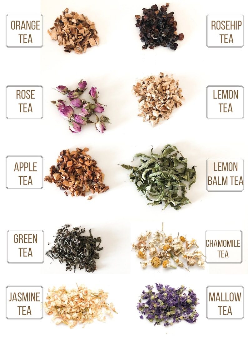 May include: Assortment of dried herbs and flowers for making tea.  The teas include: Orange Tea, Rosehip Tea, Rose Tea, Lemon Tea, Apple Tea, Lemon Balm Tea, Green Tea, Chamomile Tea, Jasmine Tea, and Mallow Tea.