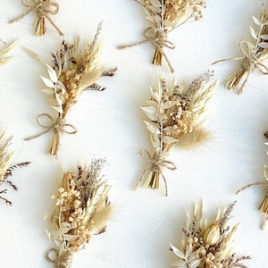 May include: A collection of nine small bouquets of dried flowers, each tied with twine. The bouquets are made up of various shades of beige, cream, and brown dried flowers and grasses.