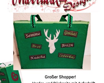 Trachtentasche Bayerntasche Filzshopper Filztasche Einkaufstasche Oktoberfest Shopper Brezel, Brezn Hirsch Moosgrün