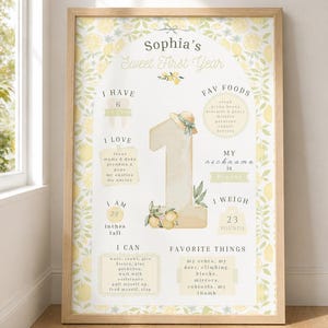 Könnte beinhalten: Gerahmter Druck, der "Sophia's Sweet First Year" feiert. Das Design zeigt eine große Eins, verziert mit Zitronen und einem Strohhut. Der Druck enthält Details über Sophias Alter, Größe (74 cm), Gewicht (10.4 kg), Lieblingsspeisen und Dinge.