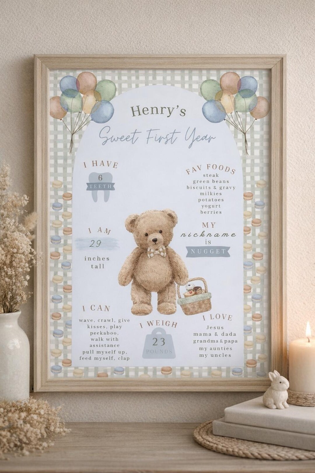 Sweet First Birthday Milestone Sign | Teddy Bear Gingham (digital ...