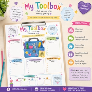 May include: A vibrant printable worksheet, "My Toolbox", designed for emotional well-being. It features a toolbox illustration, stars, and text boxes for coping strategies. Ideal for classroom activities and social-emotional learning. Includes metric measurements.