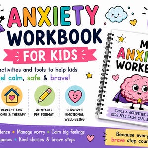 Op de afbeelding: Een spiraalgebonden angstwerkboek voor kinderen met een cartoon-hersentje in een cape op de kaft. De tekst luidt ANXIETY WORKBOOK FOR KIDS, MY ANXIETY WORKBOOK en 10 PAGES OF FUN & HELPFUL ACTIVITIES. Bevat iconen voor verschillende activiteiten.
