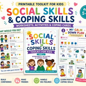 Op de afbeelding: Een kleurrijke, printbare toolkit voor kinderen van 5-10 jaar, gericht op sociale en coping vaardigheden. Het bevat werkbladen, activiteiten en coping kaarten met illustraties van kinderen en positieve affirmaties. Het doel is zelfvertrouwen opbouwen.