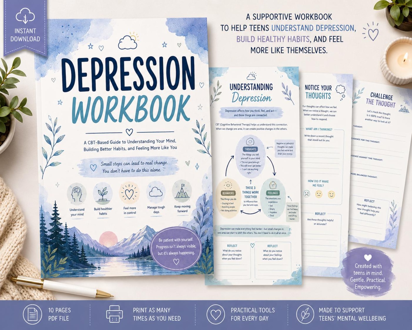 Teen Depression Workbook Printable PDF | CBT Depression Worksheets for ...
