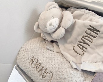 Personalised baby blanket And comforter gift set, embroidered baby blanket, grey comforter, new baby gift, baby hamper