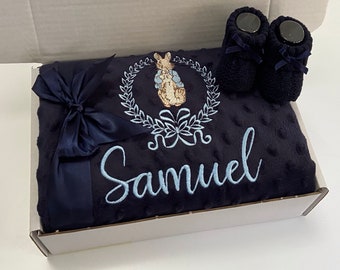 Personalised Rabbit Baby Blanket and booties, Navy blue Embroidered Blanket, new born baby set, baby Shower Gift, Coming Home Gift