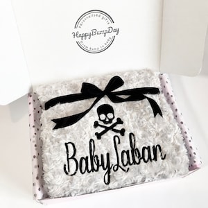 Personalised embroidered baby blanket, skull and cross bones, goth baby, skull blanket, baby grow set, mum to be, baby shower, metal baby