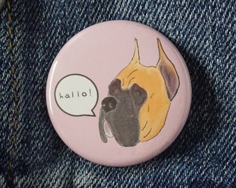 Boxer Pin back Button 1.50 inch,  Hallo! German Boxer cartoon dog saying Hello in German button Pin