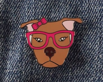 Pit bull Enamel pin, Red nose Pittie in Pink Am Staffy Pibble Dog with Pretty in Pink glasses and bow Hard Pin