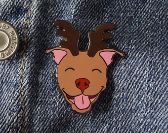 Pit bull Enamel pin, Chirstmas Dog Pin Red nose Reindeer Pittie Am Staffy Pibble Dog with reindeer antlers  X-mas Hard enamel pin