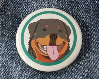 Rottweiler Pin back button, Cartoon Rottie pin back colored, Rott dog Pinback