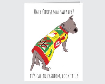 Pit bull Ugly Christmas Sweater Christmas Card, Am staff X-mas card Pittie greeting card