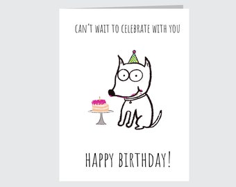 Pit bull Birthday card, Cartoon Am Staff Pittie Pibble cute dog Eating cake Blank Greeting Card for B-day