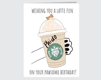 Puppiccino Latte Coffee Birthday Card, Cartoon Dog paw holding coffee Blank Greeting card for B-day