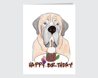 English Mastiff Birthday Card, Cartoon Mastiff Dog Blank Greeting Card for B-Day and Birthday