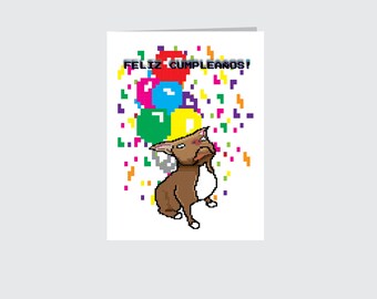 Pit bull Birthday Card - 8-bit Red nose Pixel Greeting card Spanish Birthday, French Birthday, Italian Birthday Card