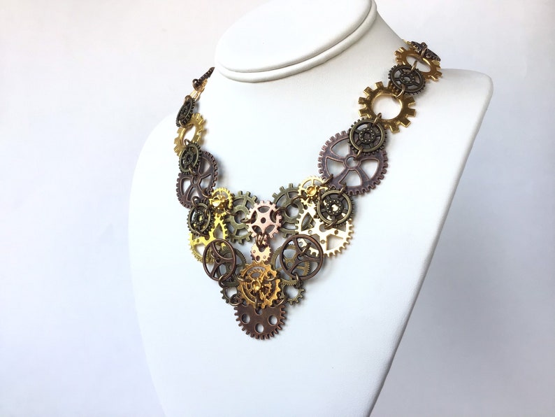 Big Steampunk Bib Necklace Brass Copper Gold Tone Steampunk Statement Necklace Vintage Inspired Jewelry for Women Unique Handmade Gift
