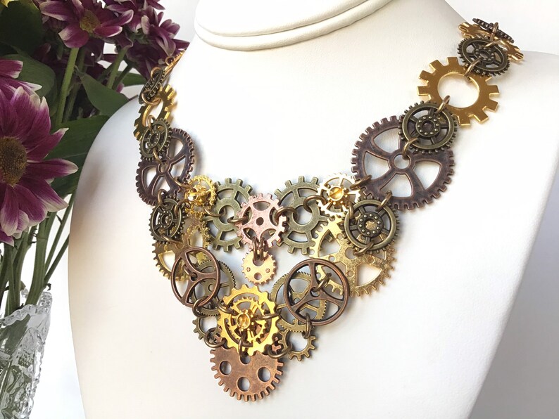 Big Steampunk Bib Necklace Brass Copper Gold Tone Steampunk Statement Necklace Vintage Inspired Jewelry for Women Unique Handmade Gift