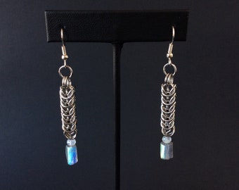 Modern Linear Earrings with Labradorite and Moonstone, Stainless Steel Long Linear Earrings, Handmade Statement Earrings for Women Gemstone