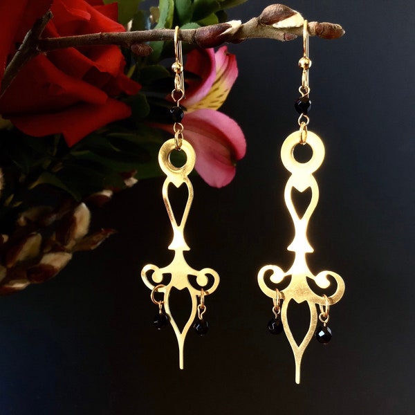 Real Clock Hand Earrings Gold Tone with Black Onyx Stones, Steampunk Earrings for Women, Unique Statement Earrings, Extra Long Earrings Drop