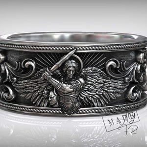 Saint Michael Archangel Ring Handmade – Warrior Angel Sword and Demon Head Design, Gothic Christian Statement Ring, Faith Jewelry for Him