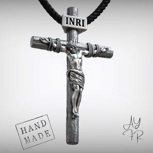 Handmade Crucifix Pendant of Jesus Christ with INRI – Sterling Silver Catholic Cross Necklace, Religious Jewelry for Men, Faith Gift Idea