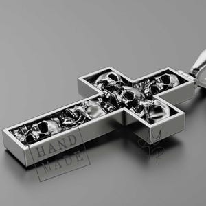 Silver Skull Cross Pendant for Men | Gothic Handmade Necklace with Skeleton Amulet in 925 Silver | Christian Rebel Jewelry with Gold Detail