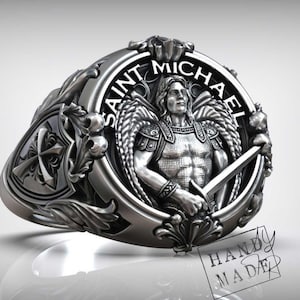 Handmade St. Michael Archangel Ring in Sterling Silver | Shield & Sword Defender Band | Christian Protection Jewelry Gift for Men of Faith