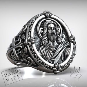 Jesus Christ Signet Ring in Solid Sterling Silver – IHSV Cross with Sacred Portrait and Halo –Christian Religious Handmade Spiritual Jewelry