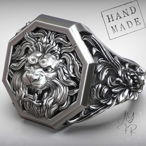 ライオンヘッドバロックシグネットリング - 男性用ロイヤルアンティークシルバーステートメントリング、ゴシックキングジュエリー、パワーシンボルギフト、ハンドメイドの大胆なバンド