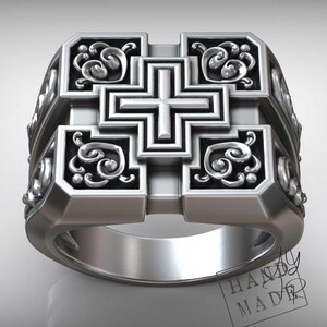 Gothic Square Cross Signet Ring in Sterling Silver – Bold Handmade Christian Symbolism, Engraved Sacred Design for Men, Faith Jewelry Gift