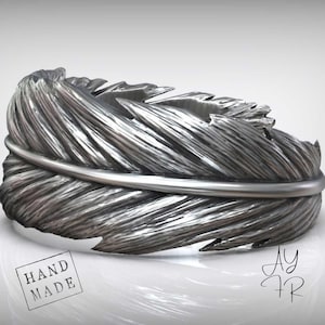 Feather Wrap Adjustable Ring – Oxidized Sterling Silver Boho Jewelry, Lightweight Nature Inspired Gift for Him or Her