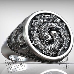 Asian Fish Ring with Yin Yang – 925 Silver River Fish Jewelry, Traditional Eastern Style, Optionally 18K Gold Plated