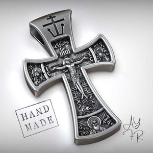 Orthodox Crucifix with Guardian Angel – 925 Sterling Silver Handmade Cross Pendant,Christian Icon Necklace,Russian Faith Gift for Protection